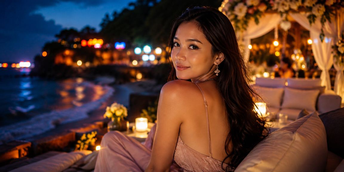 Suasana pantai malam dengan layar permainan casino taruhan Indonesia