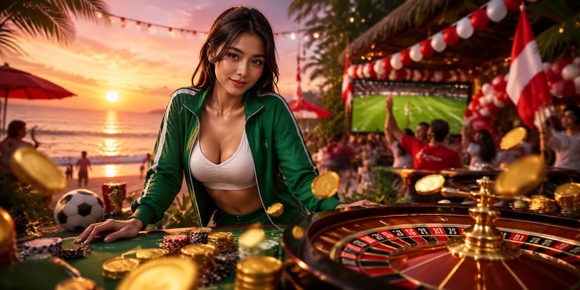 Meja roulette di tepi pantai dengan suasana malam yang romantis dan meriah