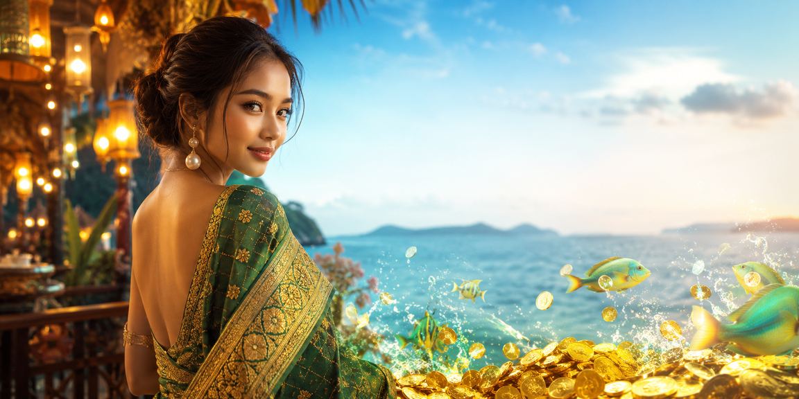 Suasana santai tepi pantai dengan layar permainan undian digital